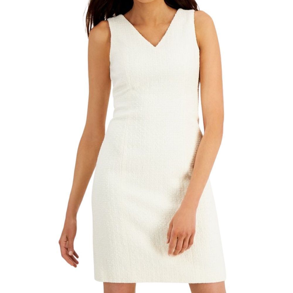 Anne Klein Ivory V-Neck Sheath Cocktail Formal Business Sleeveless Tweed Dress